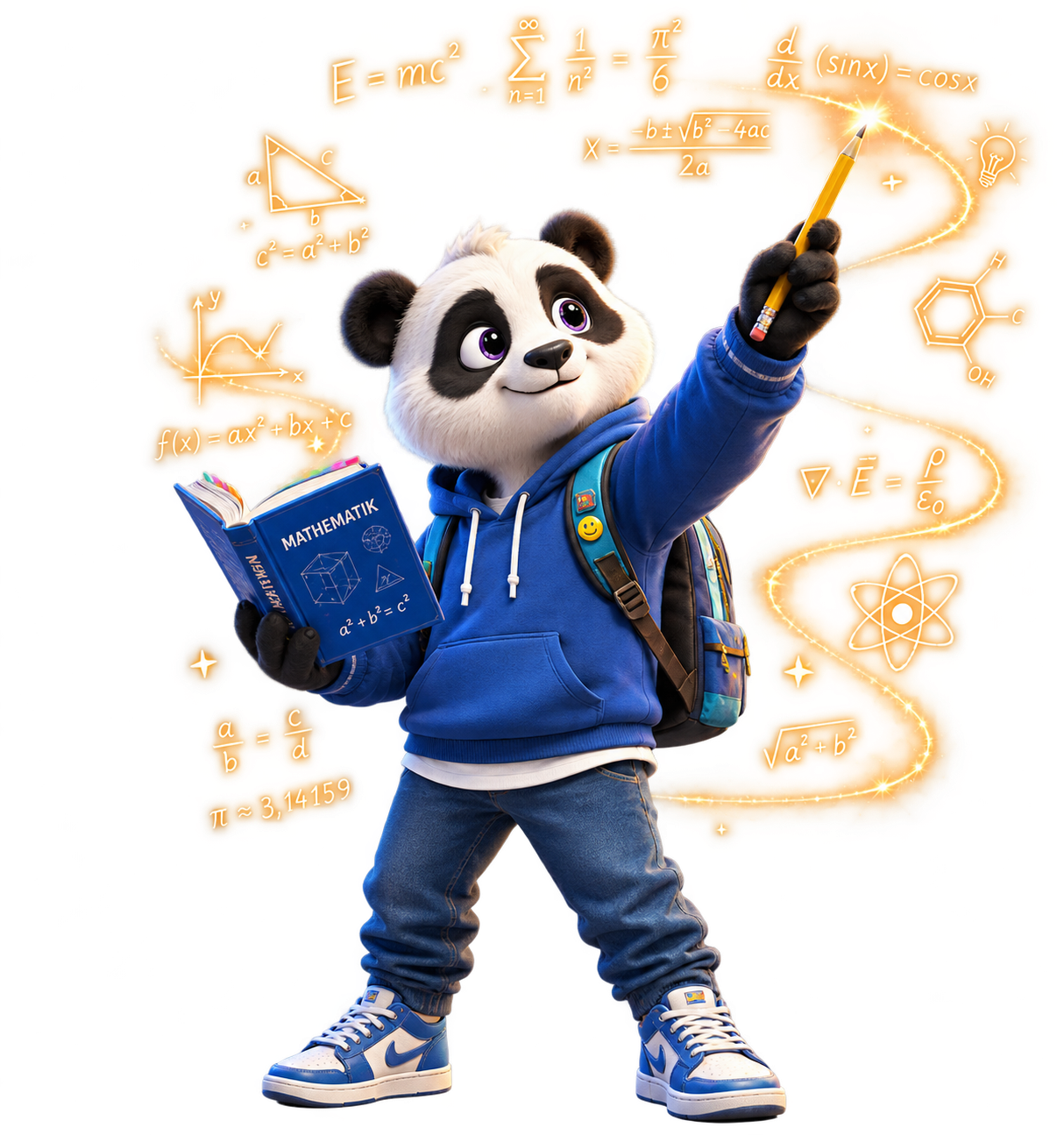 Mathe4Kids-Panda mit Mathematikbuch und leuchtendem Bleistift